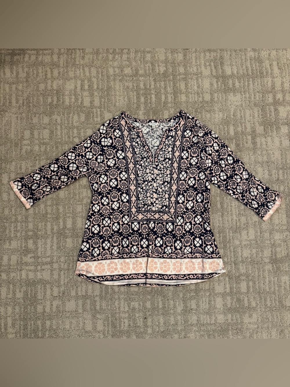 Lucky Brand Women's Printed Top in Navy and Blush Size 1x